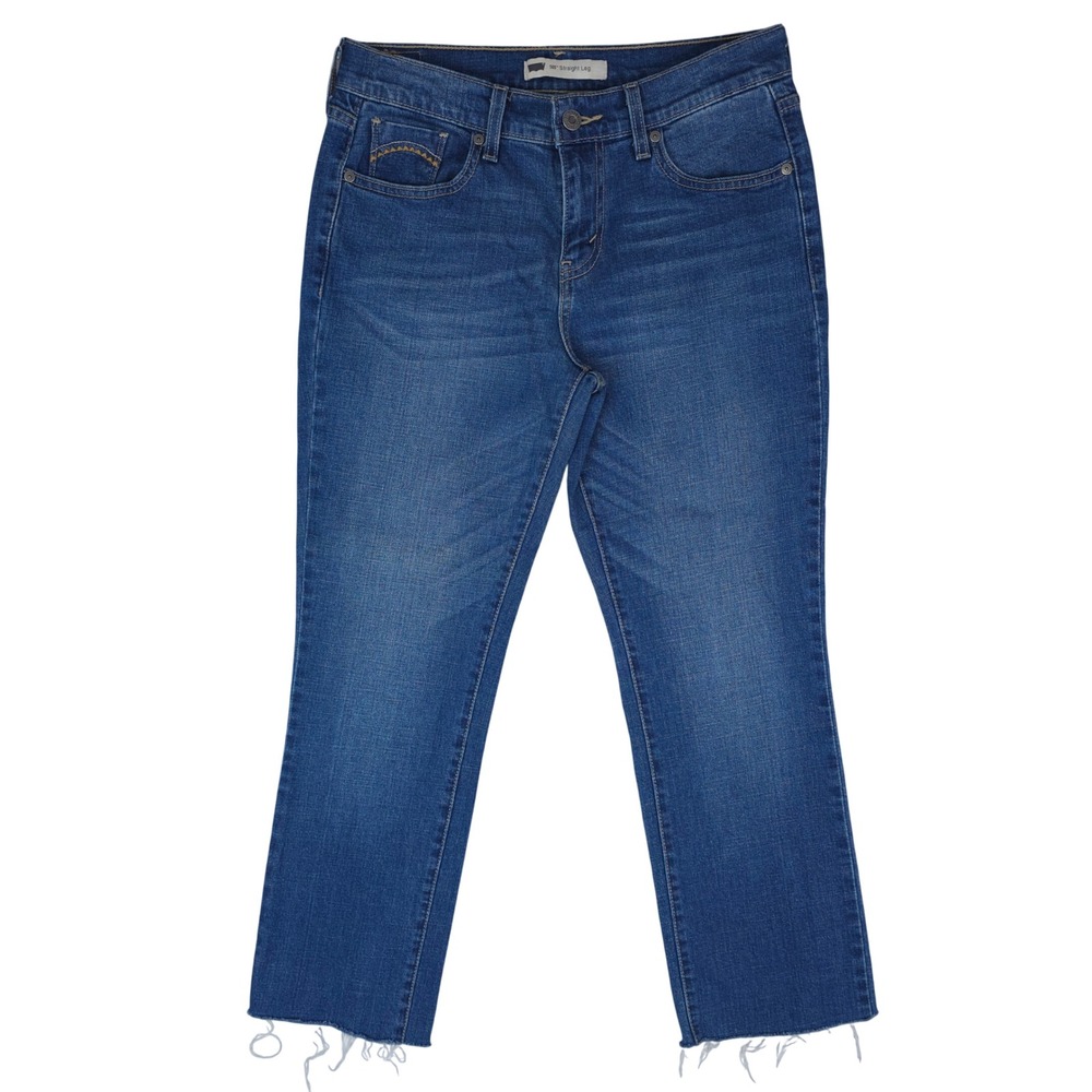 Levis 505 Jeans Womens 30x27‎ Straight Leg Blue Denim Cropped Raw Hem Mid Rise
